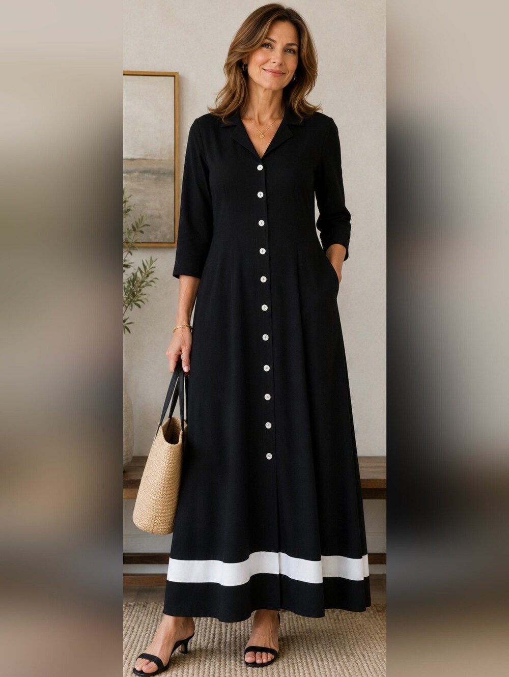 Talbots Black Button Front Maxi Dress White Hem Stripe Size 10 Classic